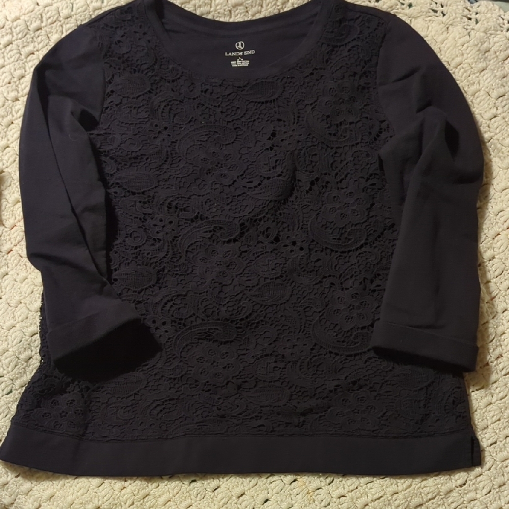 Lands' End Gray Embellished Boxy 3/4 Sleeve Blouse